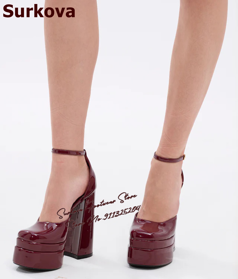 Women'S Shoes Burgundy - Surkova Bordo Rugan Kalın Topuk Elbise