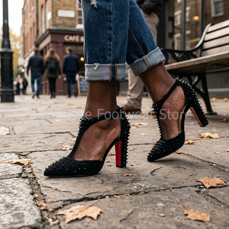 Court Heel Pointed - Siyah Süet Sivri Burunlu Kadınlar İçin