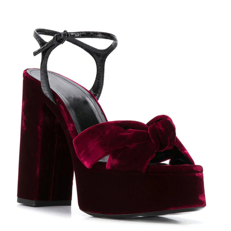 Women'S Shoes Burgundy - Bordo Kadife Düğümlü Peep Toe Platform