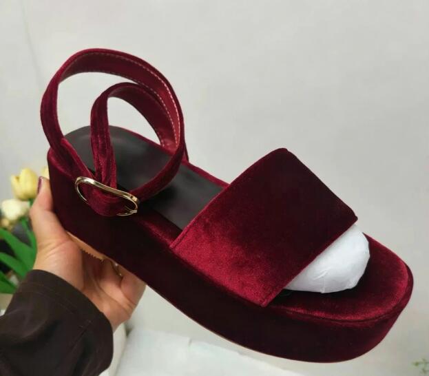Women'S Shoes Burgundy - Bordo Kadife Yuvarlak Burnu Açık Kalın