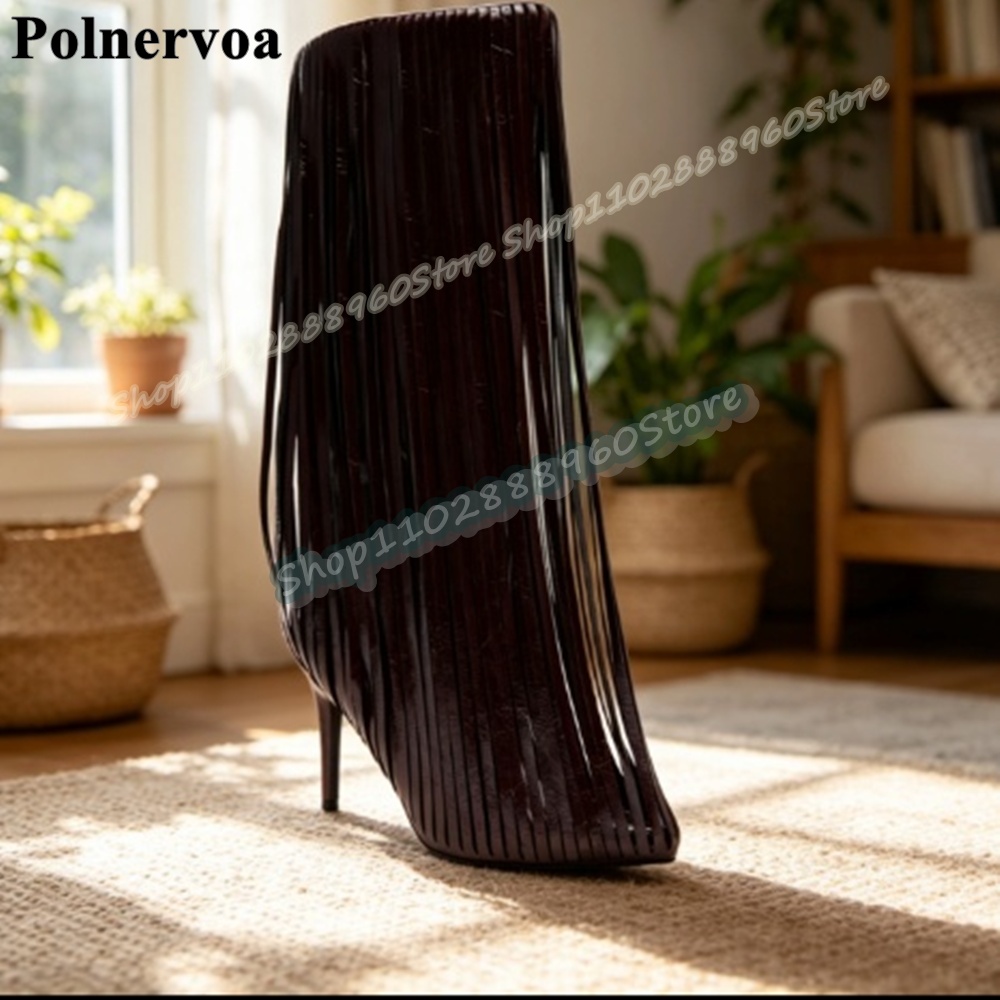 Women'S Shoes Burgundy - Büyük Beden Diz Üstü Bordo Püsküllü