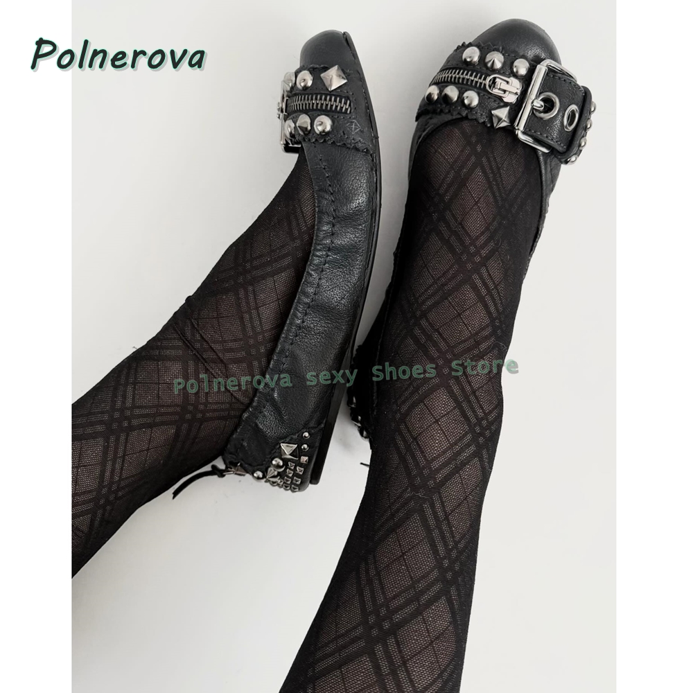 Women'S Shoes For Flat Feet - Perçinli Tokalı Mary Jane Ayakkabılar Sivri