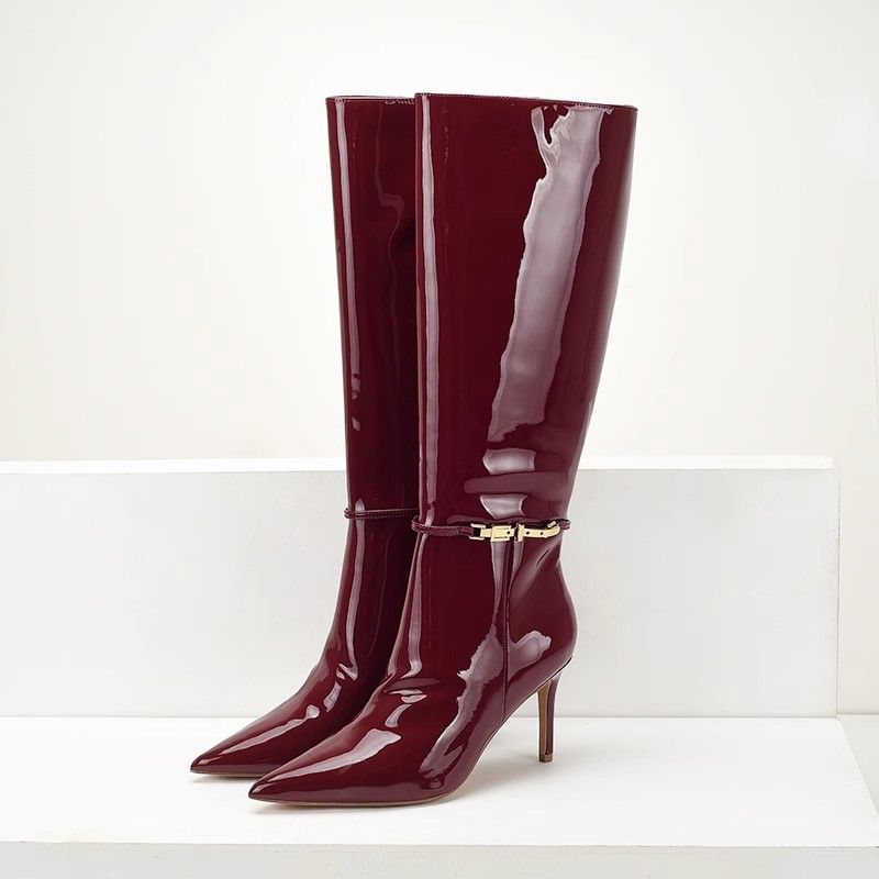 Women'S Shoes Burgundy - Şarap Kırmızısı Tokalı Diz Üstü Çizmeler
