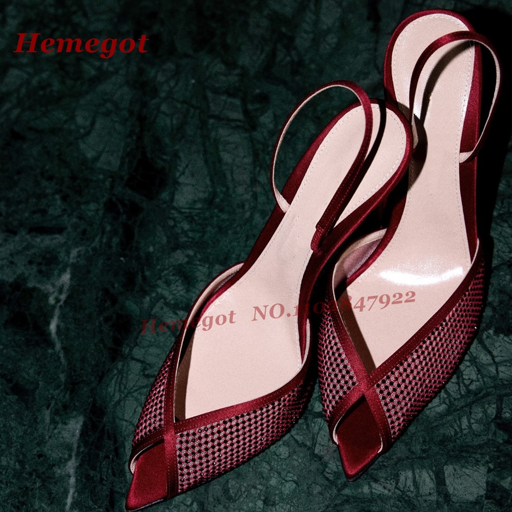Women'S Shoes Burgundy - Kadın Bordo Saten Örgü Slingback Topuklu