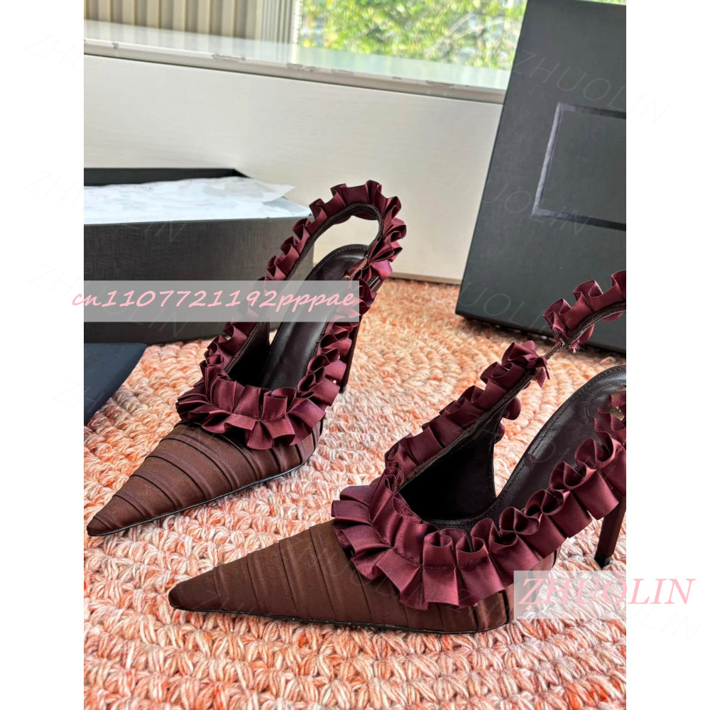 Women'S Shoes Burgundy - Slingback Topuklu Ayakkabılar Bordo Pileli Saten